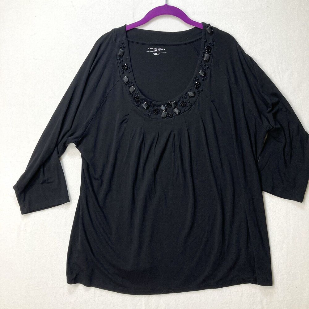 Woman Charter Club Black Tunic Top 3/4 Sleeves Round Neck‎ 3X Buttons Rhinestone